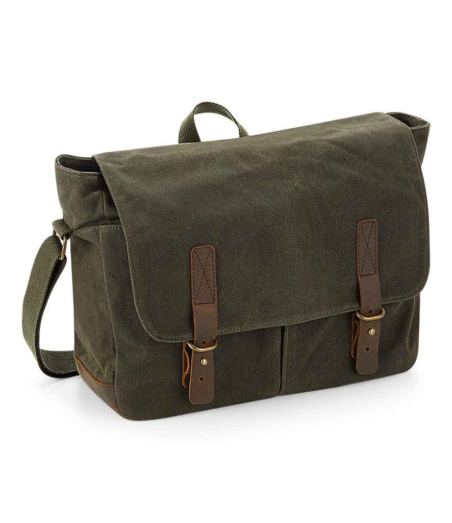 Quadra Heritage Waxed Canvas Messenger in ONE Olive Green by Quadra — Custom branded clothing by Print Press, featuring premium embroidery produced in our specialist print lab in the UK.