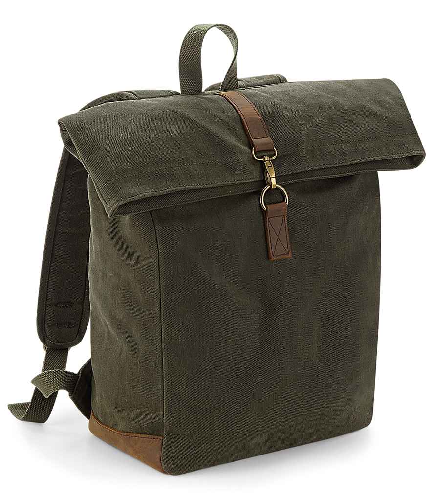 Quadra Heritage Waxed Canvas Backpack in ONE Olive Green by Quadra — Custom branded clothing by Print Press, featuring premium embroidery produced in our specialist print lab in the UK.