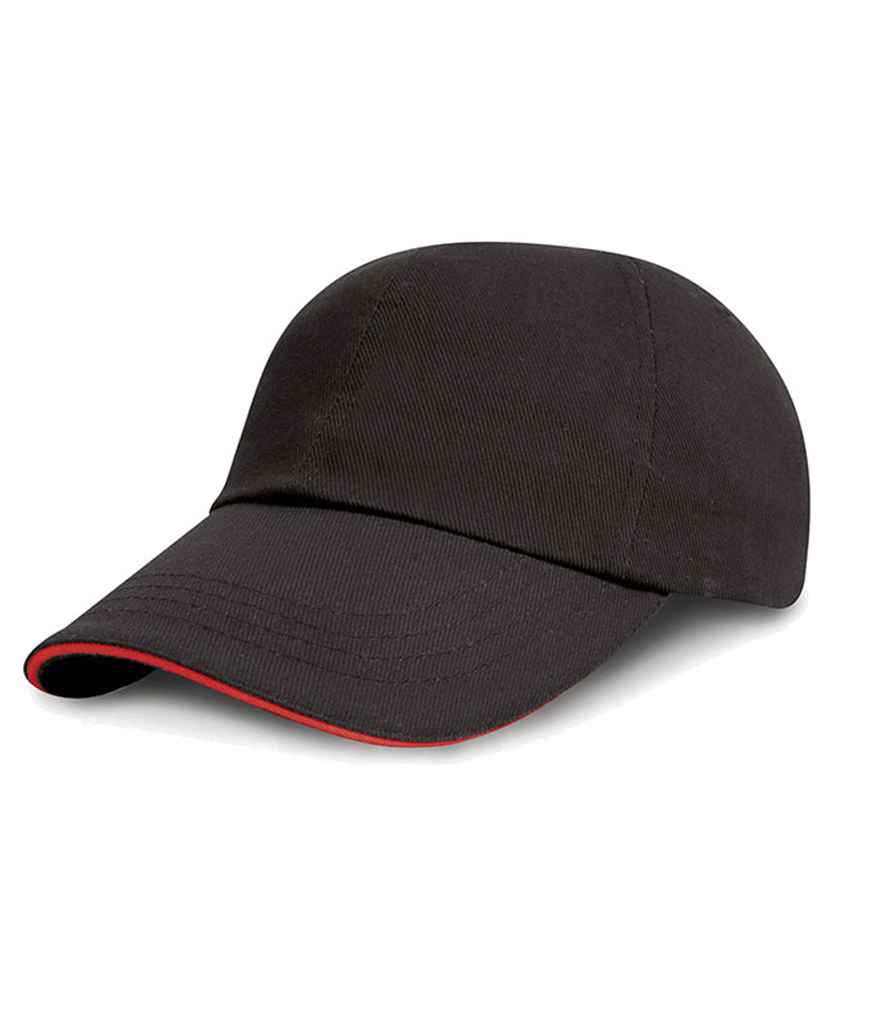 Result Kids Low Profile Heavy Brushed Cotton Cap with Sandwich Peak in ONE Black Red by Result Headwear — Custom branded clothing by Print Press, featuring premium embroidery produced in our specialist print lab in the UK.