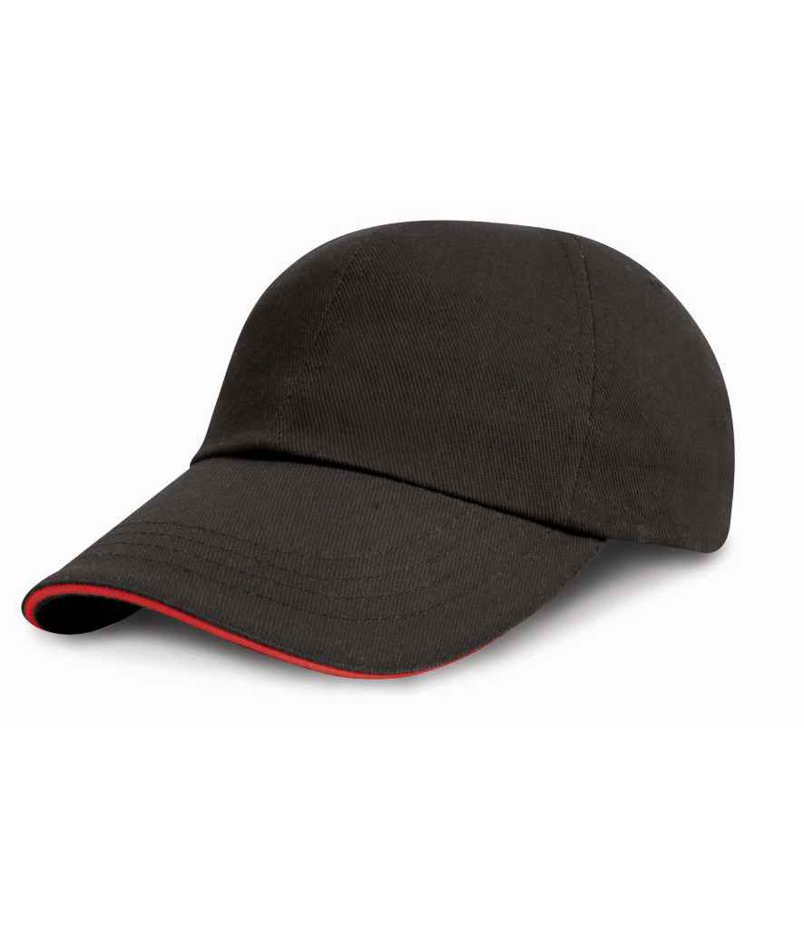 Result Low Profile Heavy Brushed Cotton Cap with Sandwich Peak in ONE Black Red by Result Headwear — Custom branded clothing by Print Press, featuring premium embroidery produced in our specialist print lab in the UK.