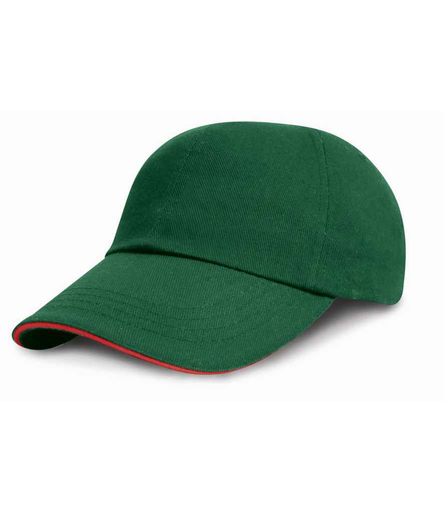Result Low Profile Heavy Brushed Cotton Cap with Sandwich Peak in ONE Forest Green Red by Result Headwear — Custom branded clothing by Print Press, featuring premium embroidery produced in our specialist print lab in the UK.