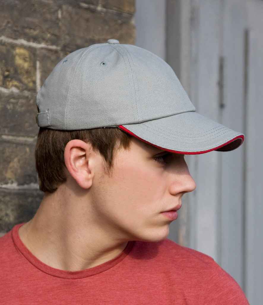 Result Low Profile Heavy Brushed Cotton Cap with Sandwich Peak in ONE Grey Red by Result Headwear — Custom branded clothing by Print Press, featuring premium embroidery produced in our specialist print lab in the UK.
