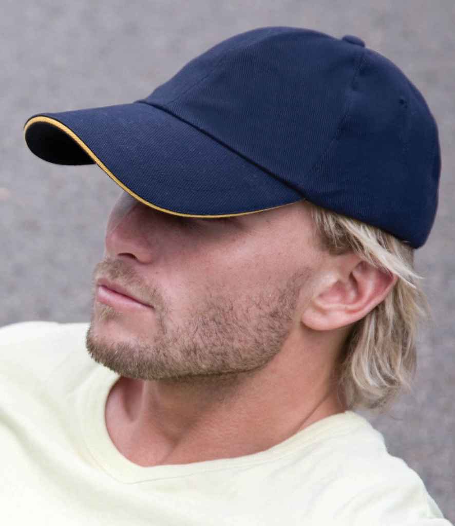 Result Low Profile Heavy Brushed Cotton Cap with Sandwich Peak in ONE Navy Yellow by Result Headwear — Custom branded clothing by Print Press, featuring premium embroidery produced in our specialist print lab in the UK.