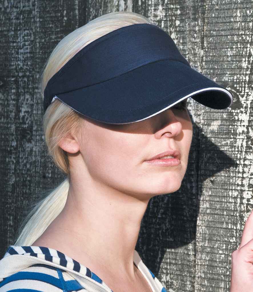 Result Herringbone Sun Visor in ONE Navy White by Result Headwear — Custom branded clothing by Print Press, featuring premium embroidery produced in our specialist print lab in the UK.