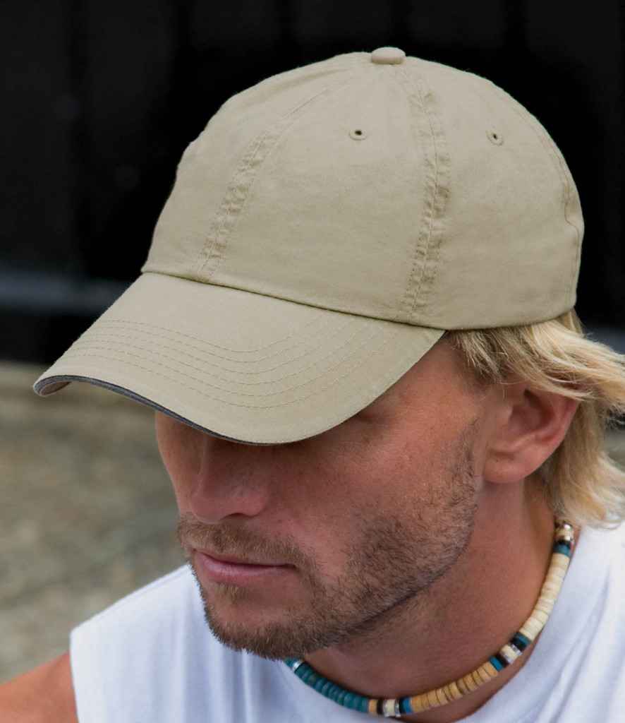 Result Washed Fine Line Cotton Cap in ONE Putty by Result Headwear — Custom branded clothing by Print Press, featuring premium embroidery produced in our specialist print lab in the UK.