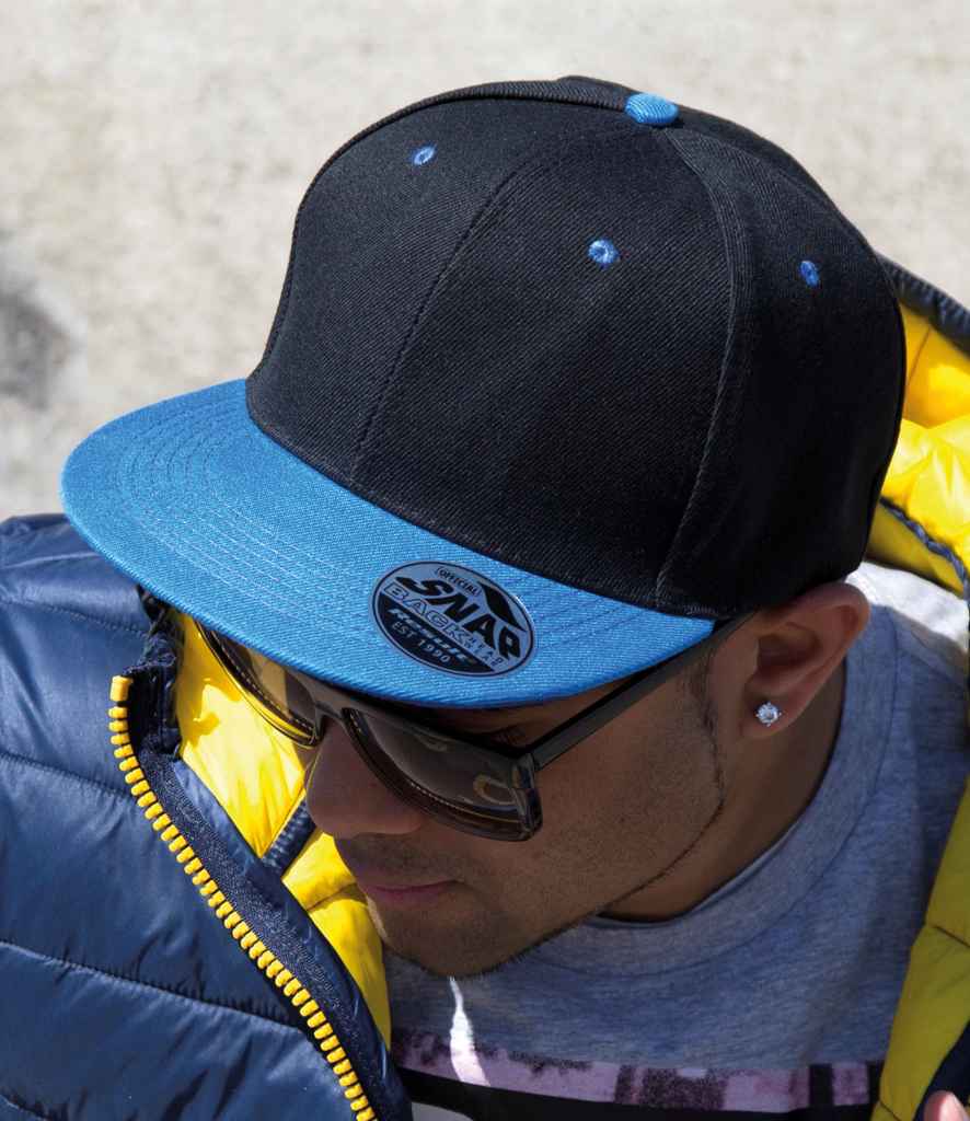 Result Contrast Bronx Snapback Cap in ONE Black Azure by Result Headwear — Custom branded clothing by Print Press, featuring premium embroidery produced in our specialist print lab in the UK.