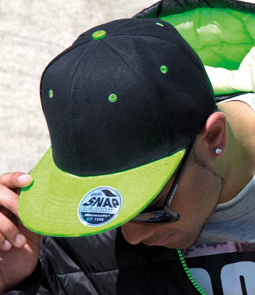 Result Contrast Bronx Snapback Cap in ONE Black Lime Green by Result Headwear — Custom branded clothing by Print Press, featuring premium embroidery produced in our specialist print lab in the UK.