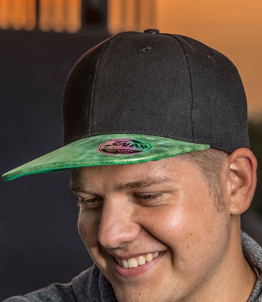 Result Bronx Glitter Snapback Cap in ONE Black Green by Result Headwear — Custom branded clothing by Print Press, featuring premium embroidery produced in our specialist print lab in the UK.