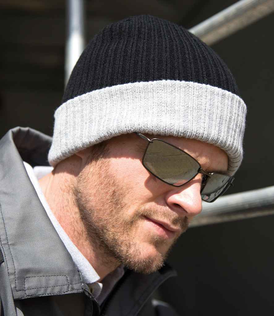 Result Double Layer Knitted Hat in ONE Black Grey by Result Winter Essentials — Custom branded clothing by Print Press, featuring premium embroidery produced in our specialist print lab in the UK.