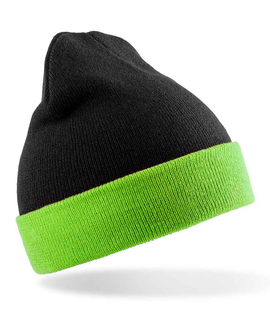 Result Genuine Recycled Black Compass Beanie in ONE Black Lime Green by Result Genuine Recycled — Custom branded clothing by Print Press, featuring premium embroidery produced in our specialist print lab in the UK.