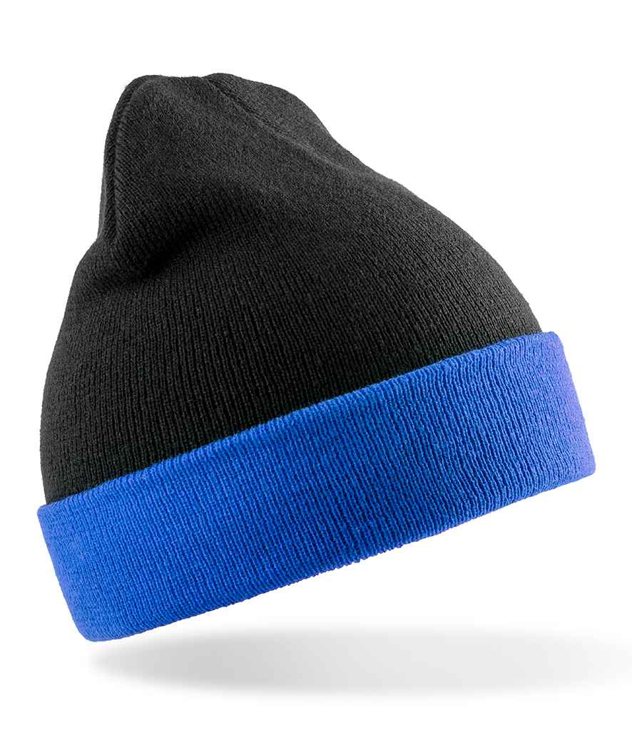 Result Genuine Recycled Black Compass Beanie in ONE Black Royal Blue by Result Genuine Recycled — Custom branded clothing by Print Press, featuring premium embroidery produced in our specialist print lab in the UK.