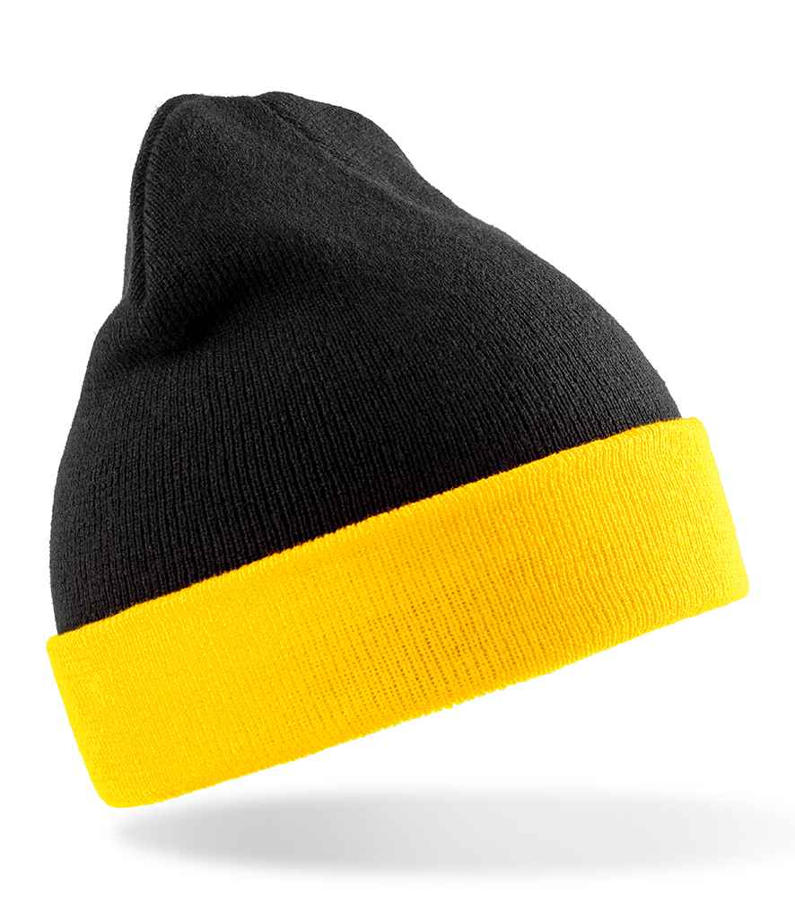 Result Genuine Recycled Black Compass Beanie in ONE Black Yellow by Result Genuine Recycled — Custom branded clothing by Print Press, featuring premium embroidery produced in our specialist print lab in the UK.