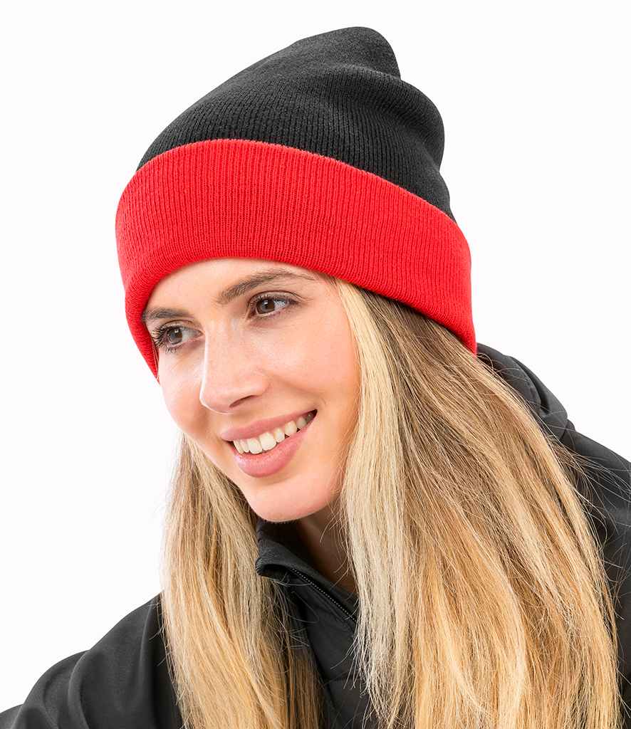 Result Genuine Recycled Black Compass Beanie in ONE Black Red by Result Genuine Recycled — Custom branded clothing by Print Press, featuring premium embroidery produced in our specialist print lab in the UK.