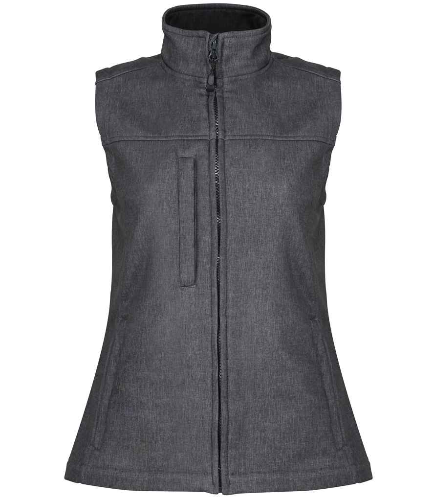 Regatta Ladies Flux Soft Shell Bodywarmer in Seal Grey Marl Black by Regatta — Custom branded clothing by Print Press, featuring premium embroidery produced in our specialist print lab in the UK.