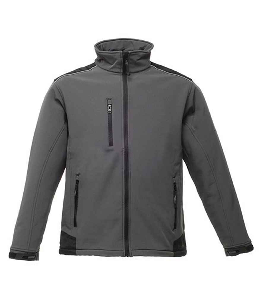 Regatta Sandstorm Soft Shell Workwear Jacket in Seal Grey Black by Regatta — Custom branded clothing by Print Press, featuring premium embroidery produced in our specialist print lab in the UK.