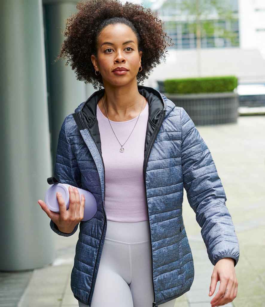 Regatta Ladies Firedown Packaway Hooded Baffle Jacket in Marl Grey Black by Regatta — Custom branded clothing by Print Press, featuring premium embroidery produced in our specialist print lab in the UK.