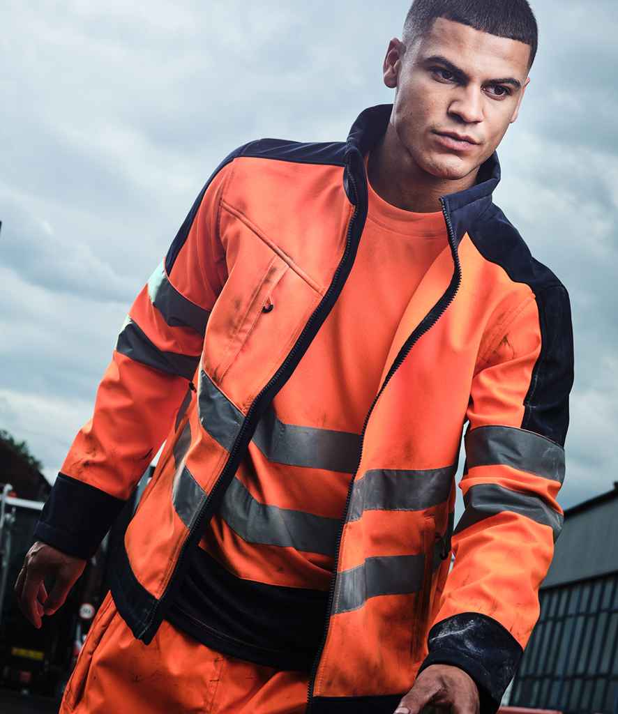 Regatta High Visibility Pro Contrast Soft Shell Jacket in Orange Navy by Regatta High Visibility — Custom branded clothing by Print Press, featuring premium embroidery produced in our specialist print lab in the UK.