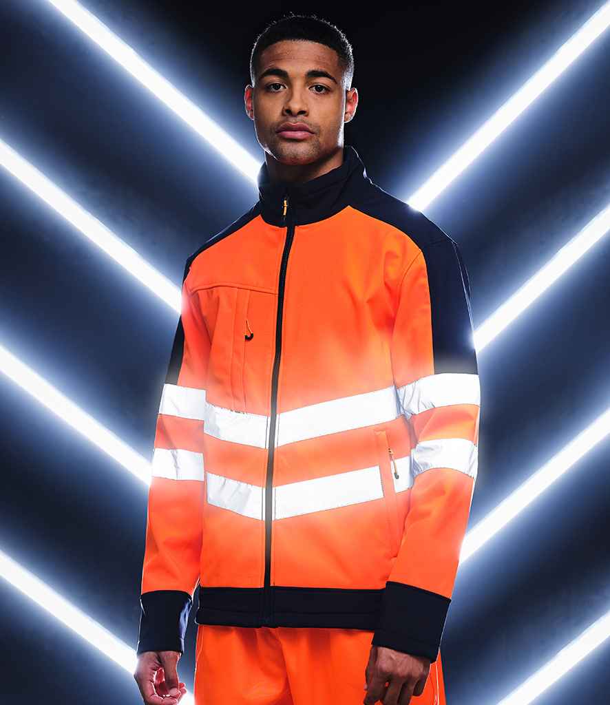 Regatta High Visibility Pro Contrast Soft Shell Jacket in by Regatta High Visibility — Custom branded clothing by Print Press, featuring premium embroidery produced in our specialist print lab in the UK.
