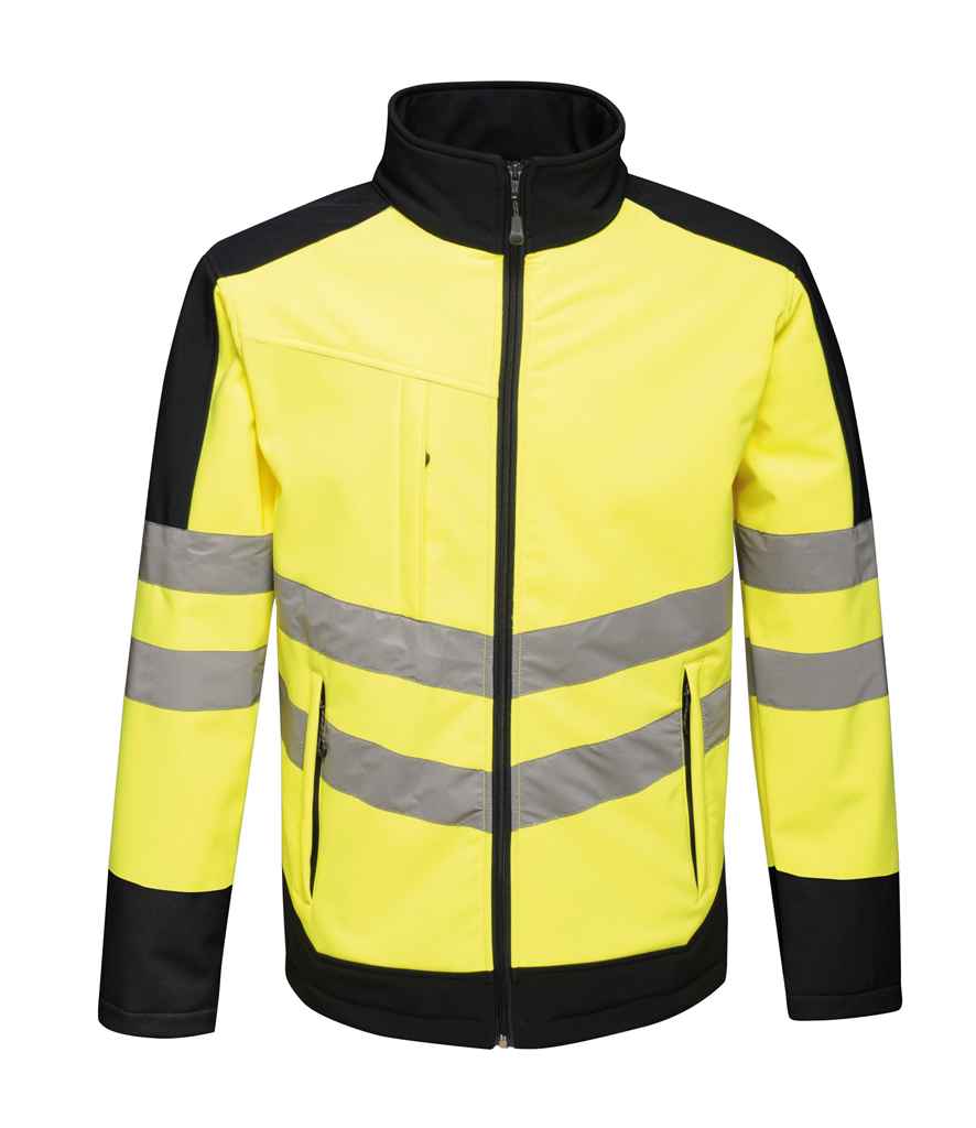 Regatta High Visibility Pro Contrast Soft Shell Jacket in Yellow Navy by Regatta High Visibility — Custom branded clothing by Print Press, featuring premium embroidery produced in our specialist print lab in the UK.