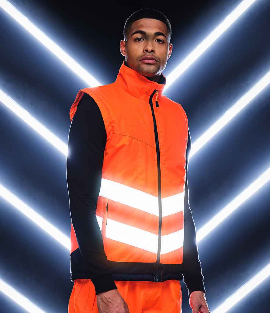 Regatta High Visibility Pro Contrast Bodywarmer in Orange Navy by Regatta High Visibility — Custom branded clothing by Print Press, featuring premium embroidery produced in our specialist print lab in the UK.