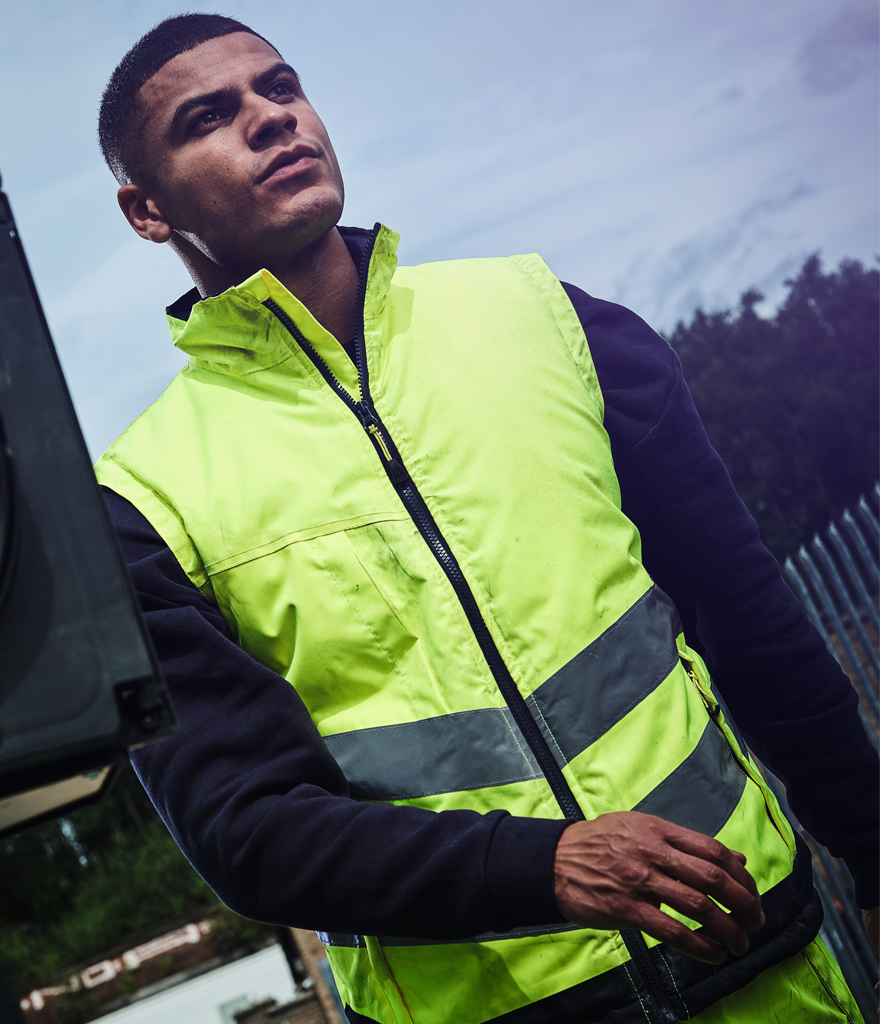 Regatta High Visibility Pro Contrast Bodywarmer in Yellow Navy by Regatta High Visibility — Custom branded clothing by Print Press, featuring premium embroidery produced in our specialist print lab in the UK.