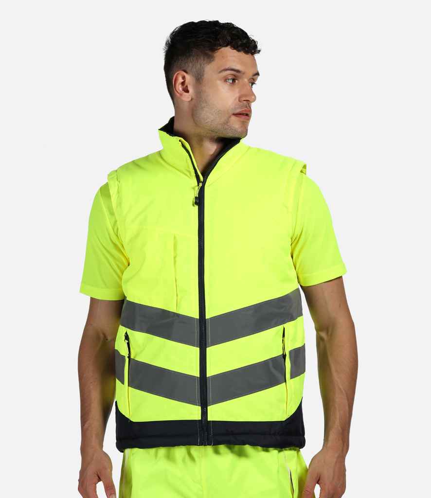 Regatta High Visibility Pro Contrast Bodywarmer in by Regatta High Visibility — Custom branded clothing by Print Press, featuring premium embroidery produced in our specialist print lab in the UK.