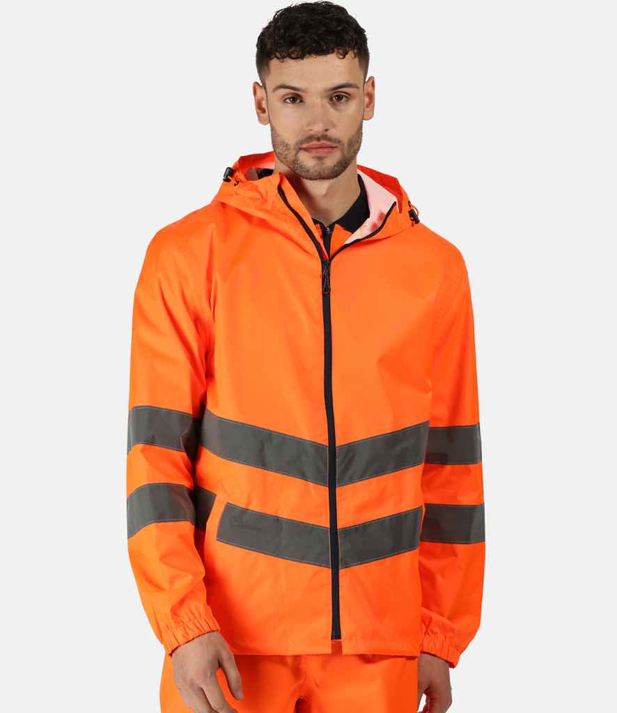Regatta High Visibility Pro Packaway Jacket in Orange by Regatta High Visibility — Custom branded clothing by Print Press, featuring premium embroidery produced in our specialist print lab in the UK.