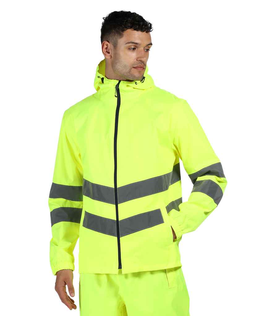 Regatta High Visibility Pro Packaway Jacket in by Regatta High Visibility — Custom branded clothing by Print Press, featuring premium embroidery produced in our specialist print lab in the UK.