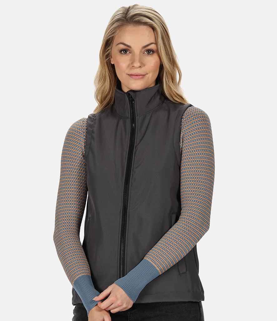 Regatta Ladies Ablaze Soft Shell Bodywarmer in Seal Grey Black by Regatta — Custom branded clothing by Print Press, featuring premium embroidery produced in our specialist print lab in the UK.