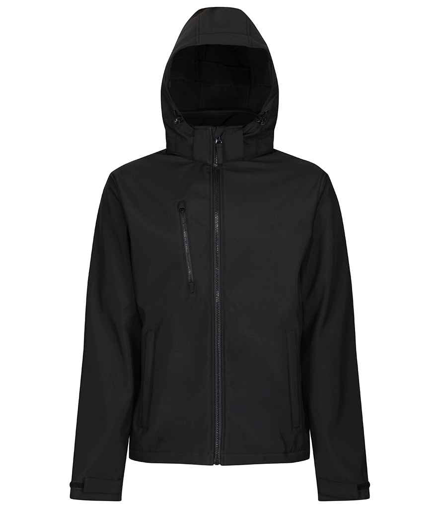 Regatta Venturer Three Layer Hooded Soft Shell Jacket in Black Black by Regatta — Custom branded clothing by Print Press, featuring premium embroidery produced in our specialist print lab in the UK.
