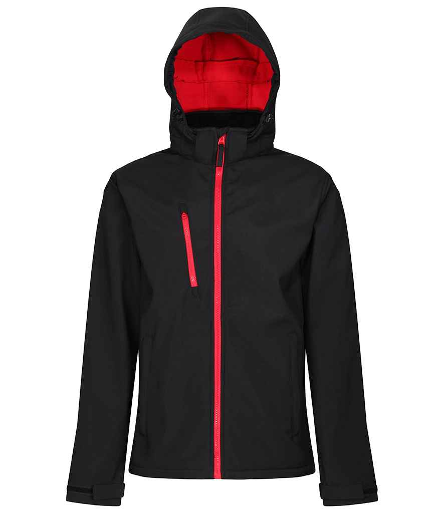 Regatta Venturer Three Layer Hooded Soft Shell Jacket in Black Classic Red by Regatta — Custom branded clothing by Print Press, featuring premium embroidery produced in our specialist print lab in the UK.