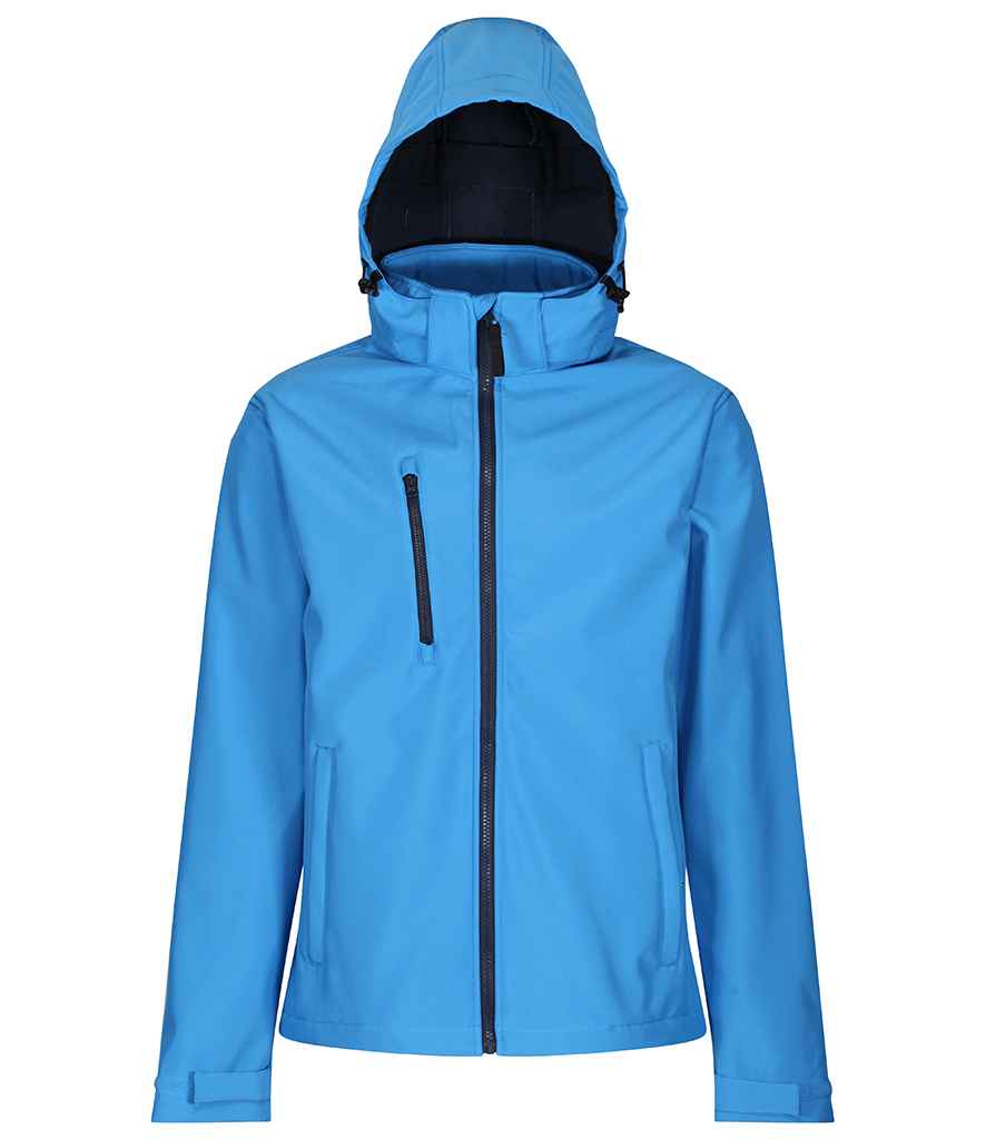 Regatta Venturer Three Layer Hooded Soft Shell Jacket in French Blue Navy by Regatta — Custom branded clothing by Print Press, featuring premium embroidery produced in our specialist print lab in the UK.