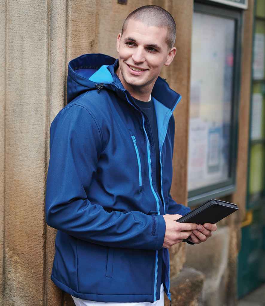 Regatta Venturer Three Layer Hooded Soft Shell Jacket in Navy French Blue by Regatta — Custom branded clothing by Print Press, featuring premium embroidery produced in our specialist print lab in the UK.