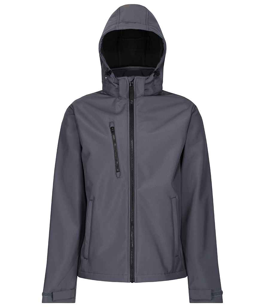 Regatta Venturer Three Layer Hooded Soft Shell Jacket in Seal Grey Black by Regatta — Custom branded clothing by Print Press, featuring premium embroidery produced in our specialist print lab in the UK.