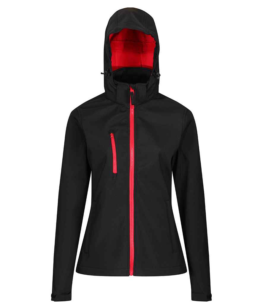 Regatta Ladies Venturer Three Layer Hooded Soft Shell Jacket in Black Classic Red by Regatta — Custom branded clothing by Print Press, featuring premium embroidery produced in our specialist print lab in the UK.