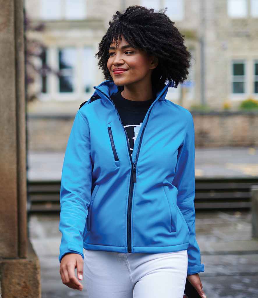 Regatta Ladies Venturer Three Layer Hooded Soft Shell Jacket in French Blue Navy by Regatta — Custom branded clothing by Print Press, featuring premium embroidery produced in our specialist print lab in the UK.
