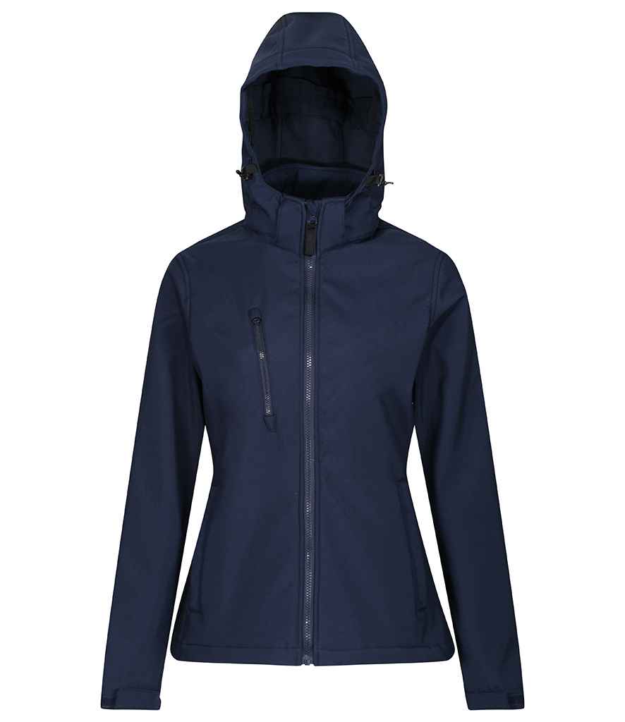 Regatta Ladies Venturer Three Layer Hooded Soft Shell Jacket in Navy Navy by Regatta — Custom branded clothing by Print Press, featuring premium embroidery produced in our specialist print lab in the UK.