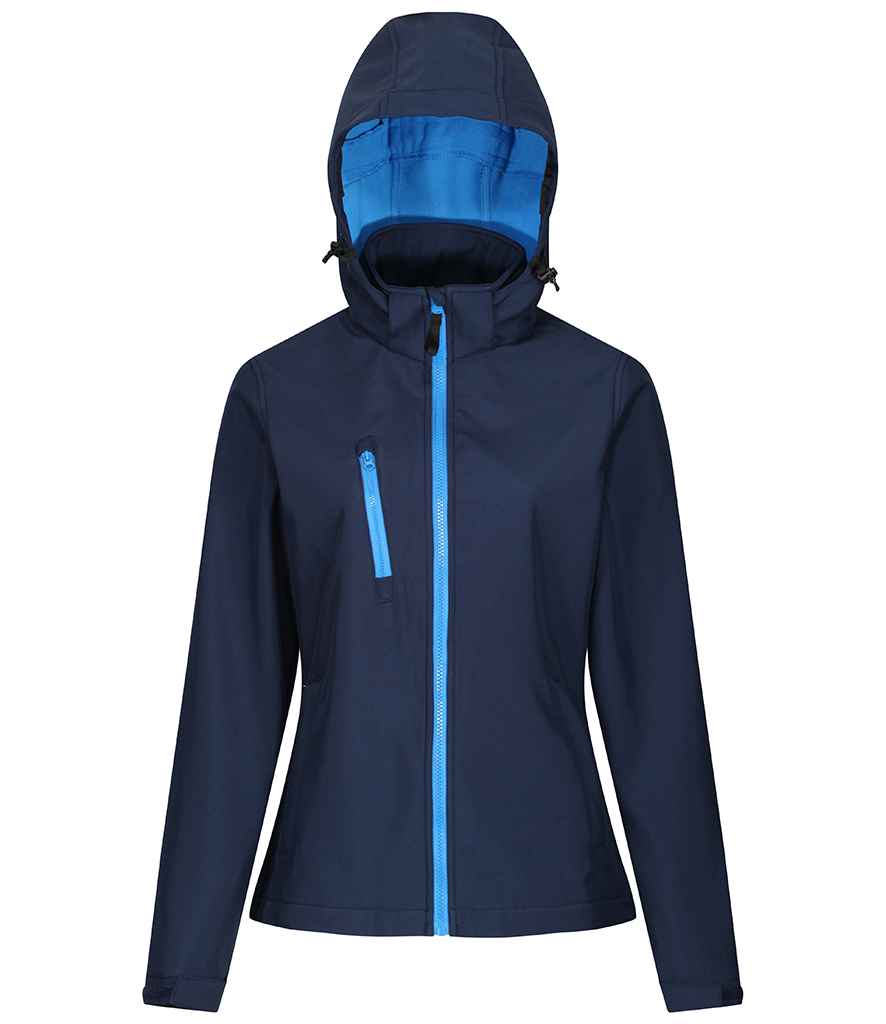 Regatta Ladies Venturer Three Layer Hooded Soft Shell Jacket in Navy French Blue by Regatta — Custom branded clothing by Print Press, featuring premium embroidery produced in our specialist print lab in the UK.