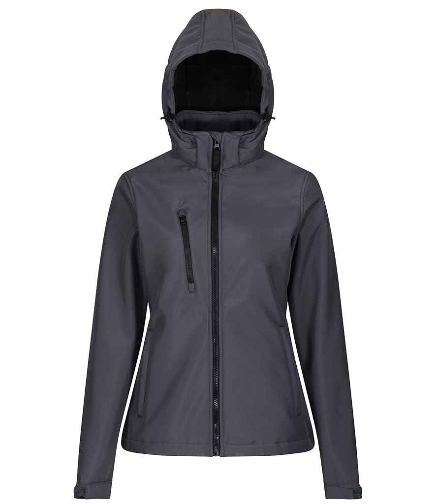 Regatta Ladies Venturer Three Layer Hooded Soft Shell Jacket in Seal Grey Black by Regatta — Custom branded clothing by Print Press, featuring premium embroidery produced in our specialist print lab in the UK.
