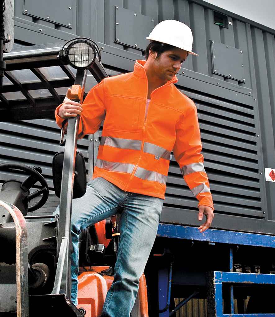 Result Safe-Guard Hi-Vis Soft Shell Jacket in Fluorescent Orange by Result Safe-Guard — Custom branded clothing by Print Press, featuring premium embroidery produced in our specialist print lab in the UK.