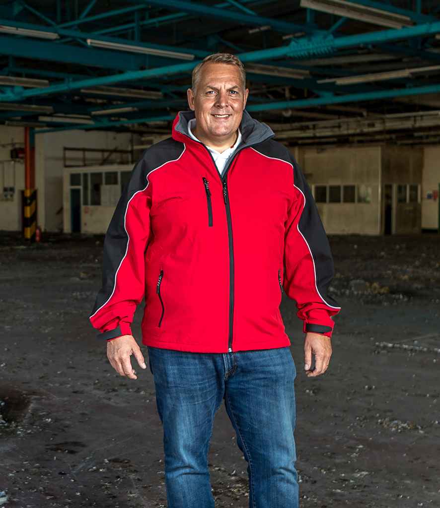 Result Work-Guard Hooded Soft Shell Jacket in Red Black by Result Work-Guard — Custom branded clothing by Print Press, featuring premium embroidery produced in our specialist print lab in the UK.