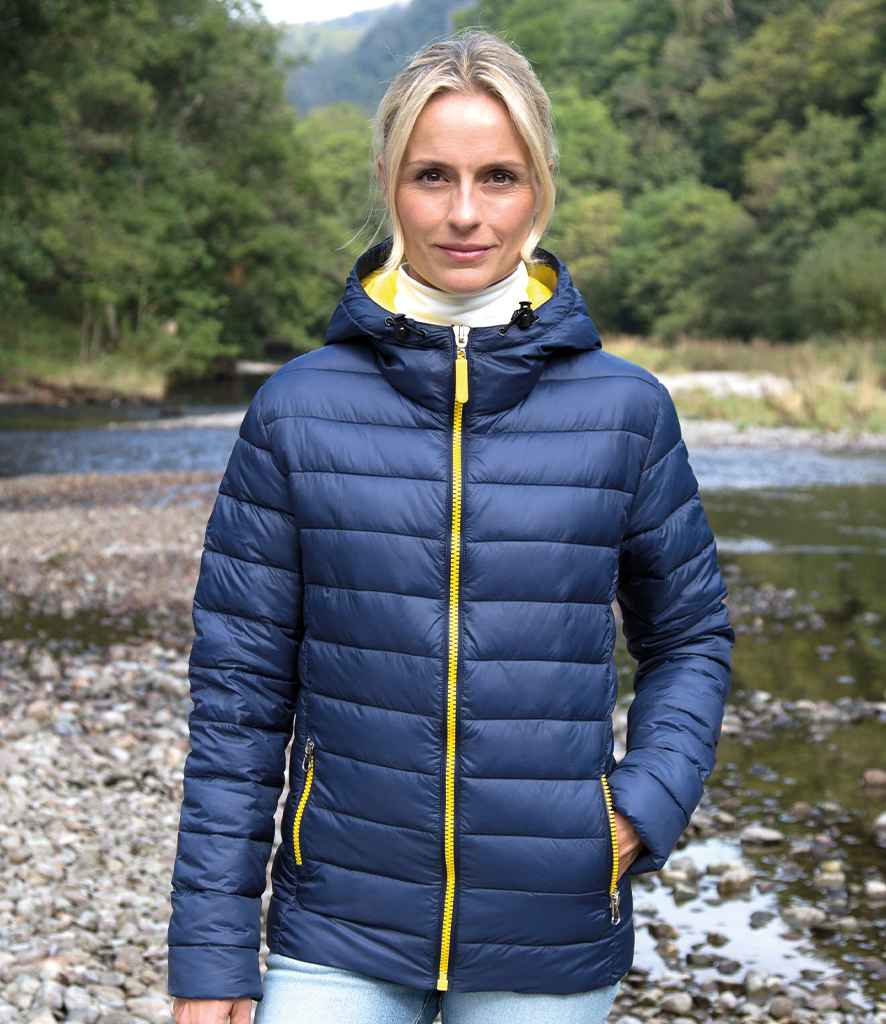 Result Urban Ladies Snow Bird Padded Jacket in Navy Yellow by Result Urban — Custom branded clothing by Print Press, featuring premium embroidery produced in our specialist print lab in the UK.