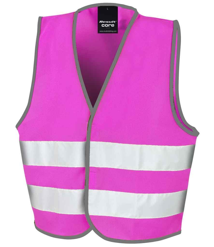 Result Core Kids Enhanced Vis Vest in Pink by Result Core — Custom branded clothing by Print Press, featuring premium embroidery produced in our specialist print lab in the UK.