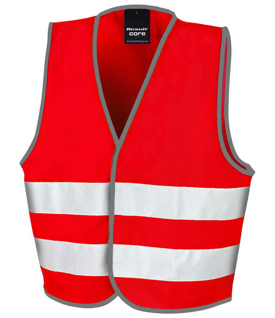 Result Core Kids Enhanced Vis Vest in Red by Result Core — Custom branded clothing by Print Press, featuring premium embroidery produced in our specialist print lab in the UK.