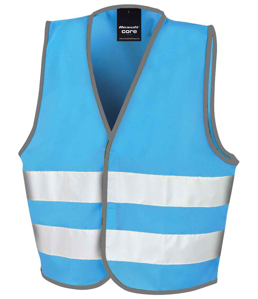Result Core Kids Enhanced Vis Vest in Sky Blue by Result Core — Custom branded clothing by Print Press, featuring premium embroidery produced in our specialist print lab in the UK.