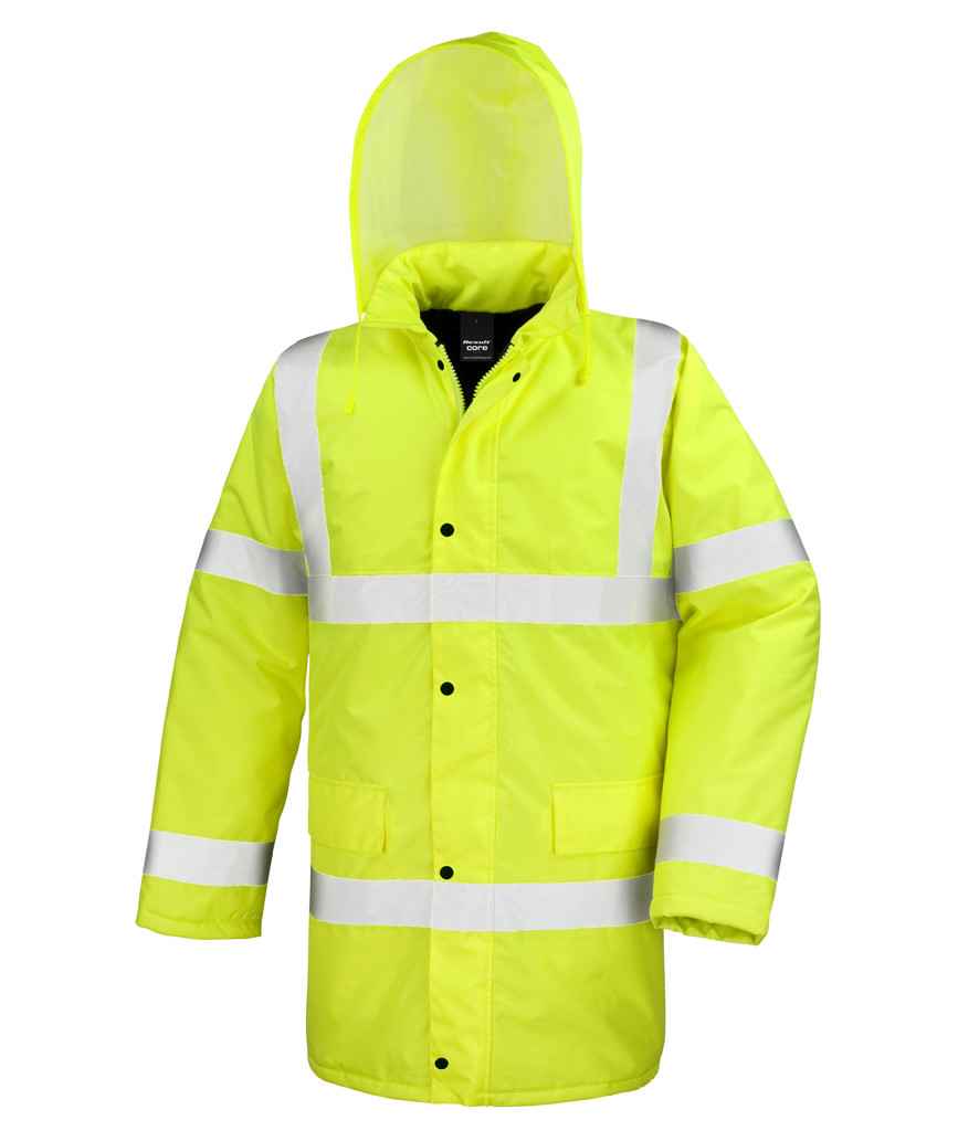 Result Core Hi-Vis Motorway Coat in by Result Core — Custom branded clothing by Print Press, featuring premium embroidery produced in our specialist print lab in the UK.