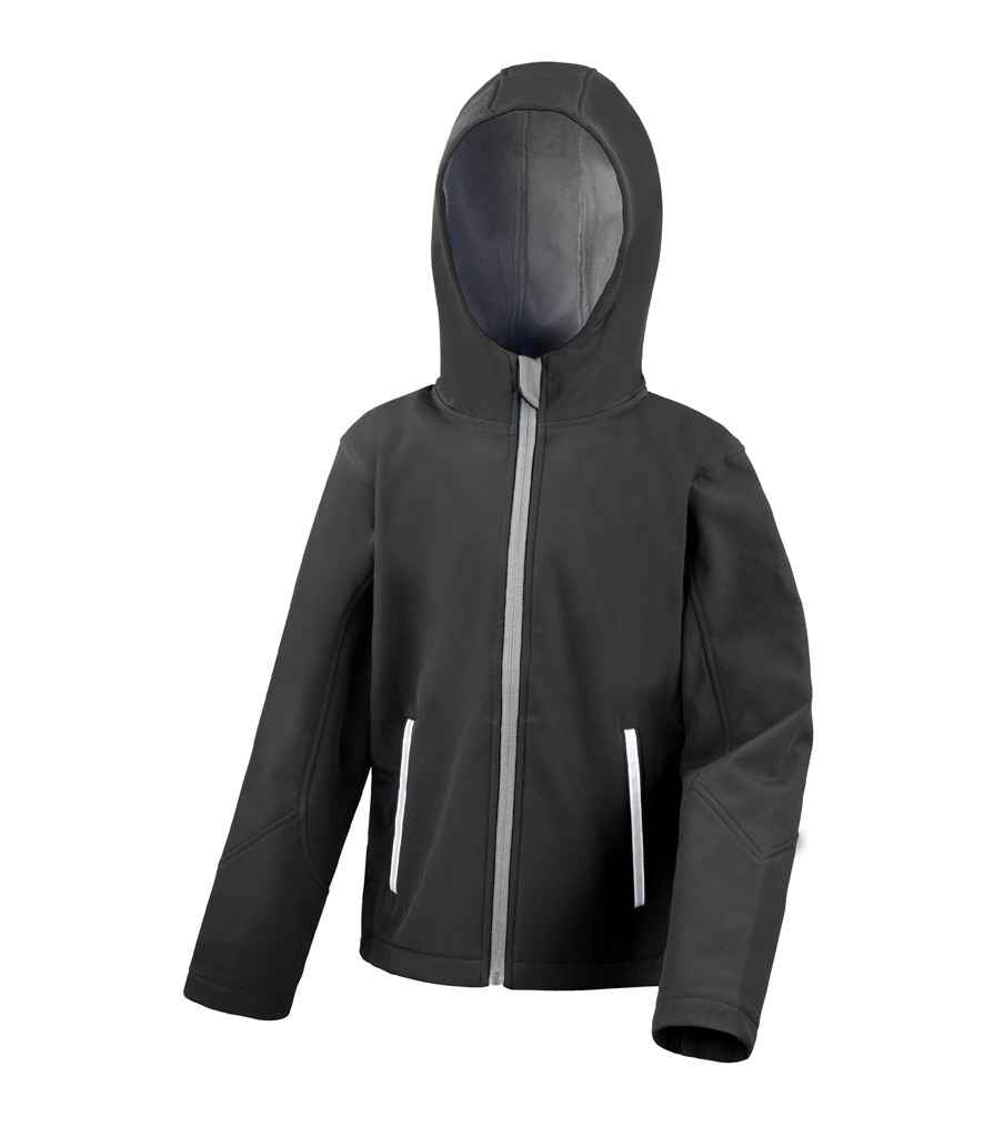 Result Core Kids TX Performance Hooded Soft Shell Jacket in Black Grey by Result Core — Custom branded clothing by Print Press, featuring premium embroidery produced in our specialist print lab in the UK.