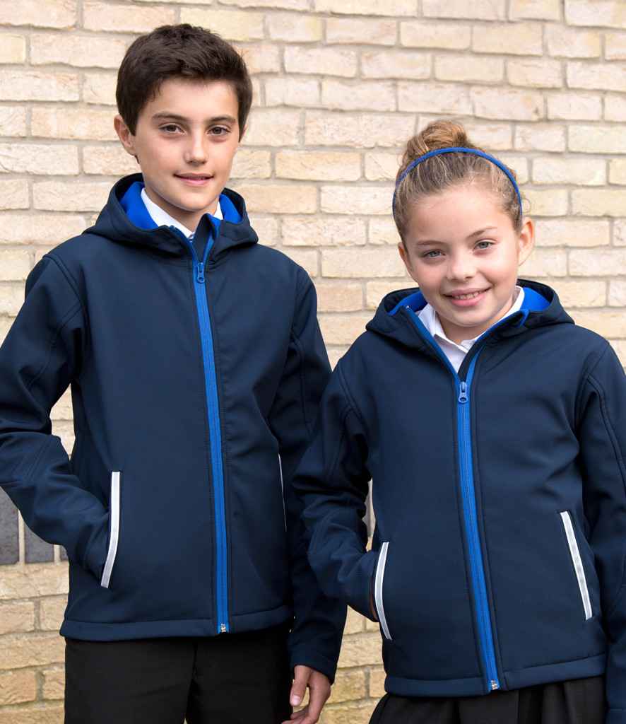 Result Core Kids TX Performance Hooded Soft Shell Jacket in Navy Royal Blue by Result Core — Custom branded clothing by Print Press, featuring premium embroidery produced in our specialist print lab in the UK.