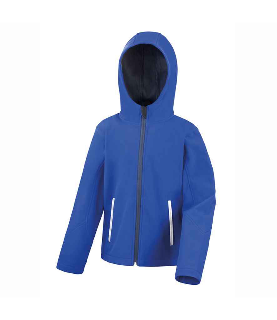 Result Core Kids TX Performance Hooded Soft Shell Jacket in Royal Blue Navy by Result Core — Custom branded clothing by Print Press, featuring premium embroidery produced in our specialist print lab in the UK.