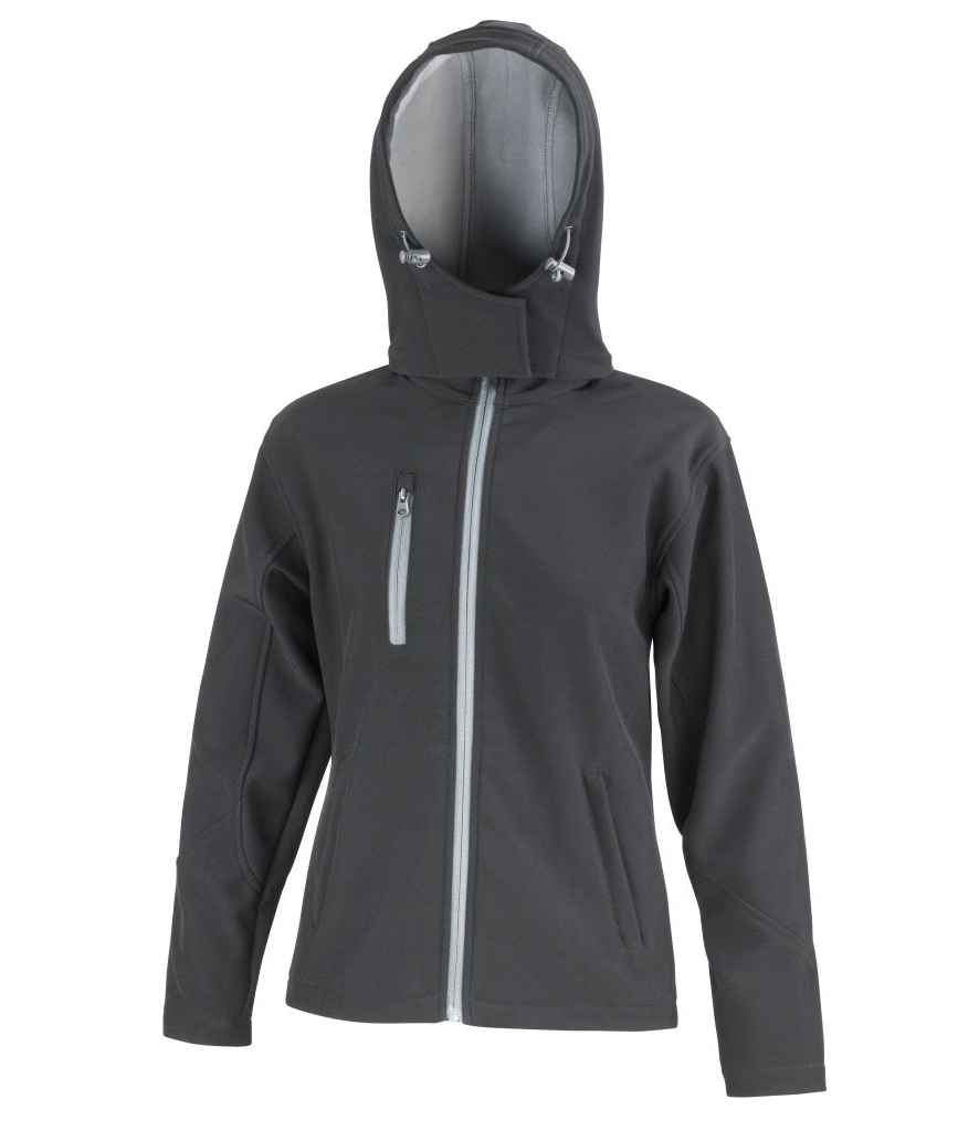 Result Core Ladies Hooded Soft Shell Jacket in Black Grey by Result Core — Custom branded clothing by Print Press, featuring premium embroidery produced in our specialist print lab in the UK.